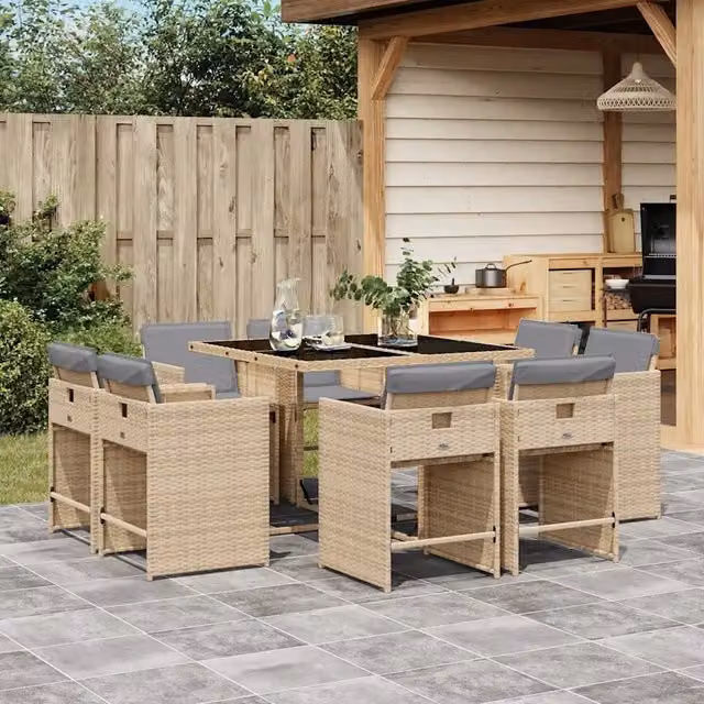 Set Pranzo da Giardino 9 pz con Cuscini Beige Misto Polyrattan 3211200