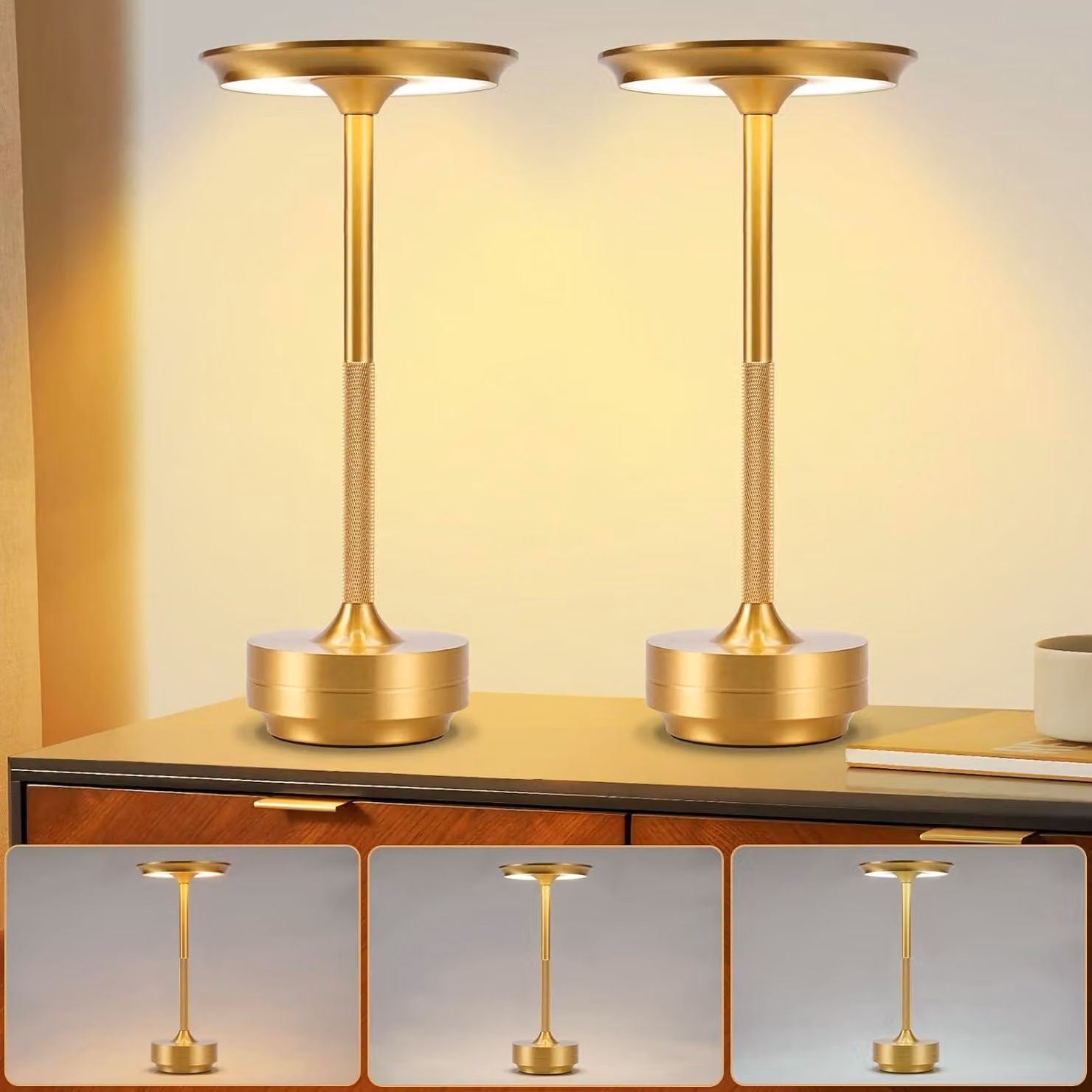 ZMH Lampada da comodino a batteria - Lampada da tavolo a LED Touch Dimmable Set di 2 lampade da tavolo a batteria ricaricabile USB Oro per davanzale moderno Soggiorno Camera dei bambini Camera da letto