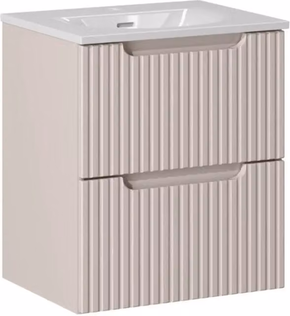 Insieme VANO cashmere e bianco 50cm: mobile sottolavabo con cassetti scanalati verticalmente + lavabo incassato bianco