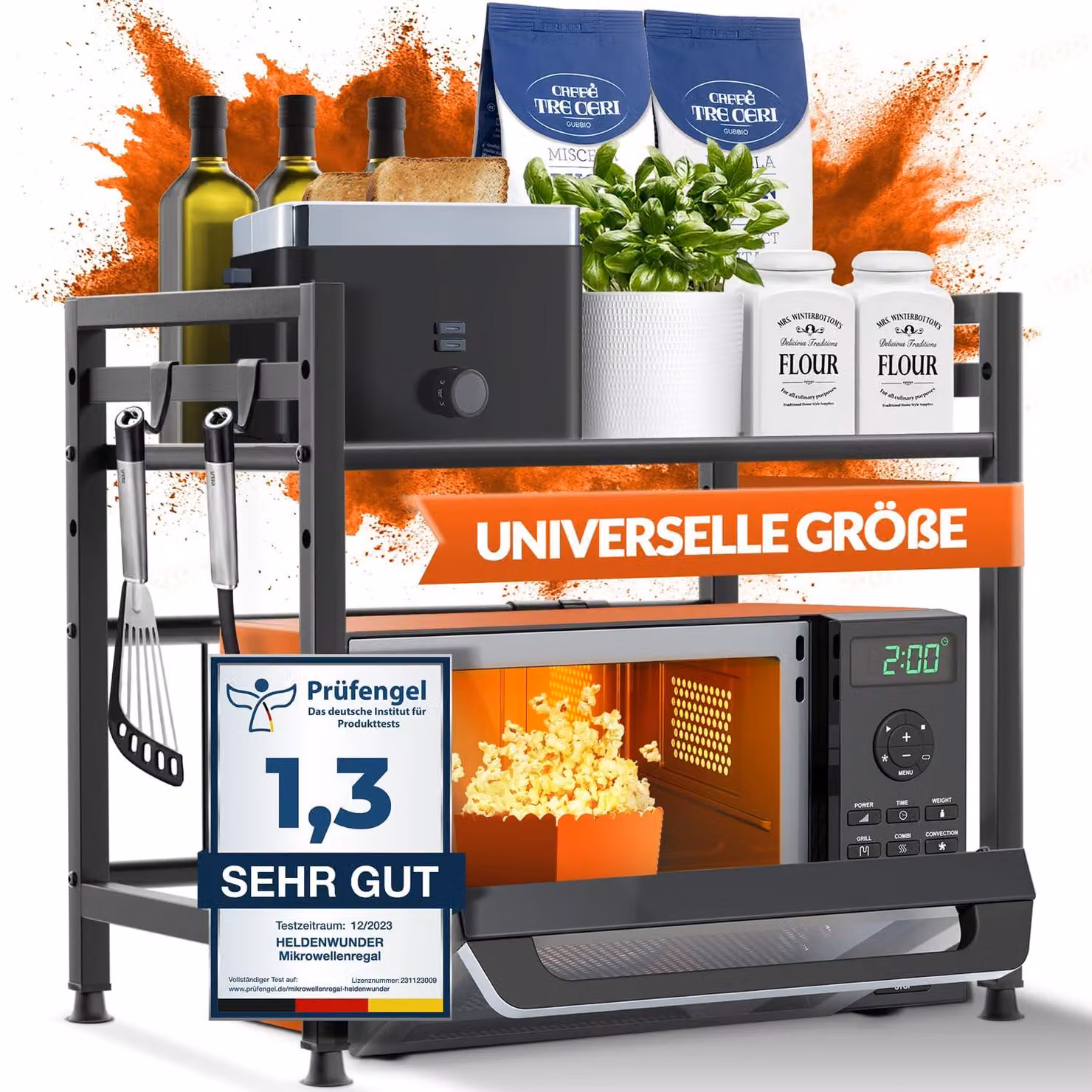 Ripiano per microonde, scaffale da cucina, modello autoportante in acciaio (a 2 livelli) | Scaffale per microonde, mobiletto per microonde | Scaffale portaoggetti, scaffale per panettiere, ripiano regolabile in altezza e lunghezza + istruzioni video, ganc