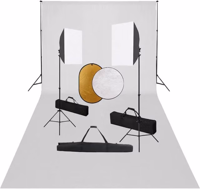 Kit studio fotografico professionale con light box, fondale bianco e riflettore