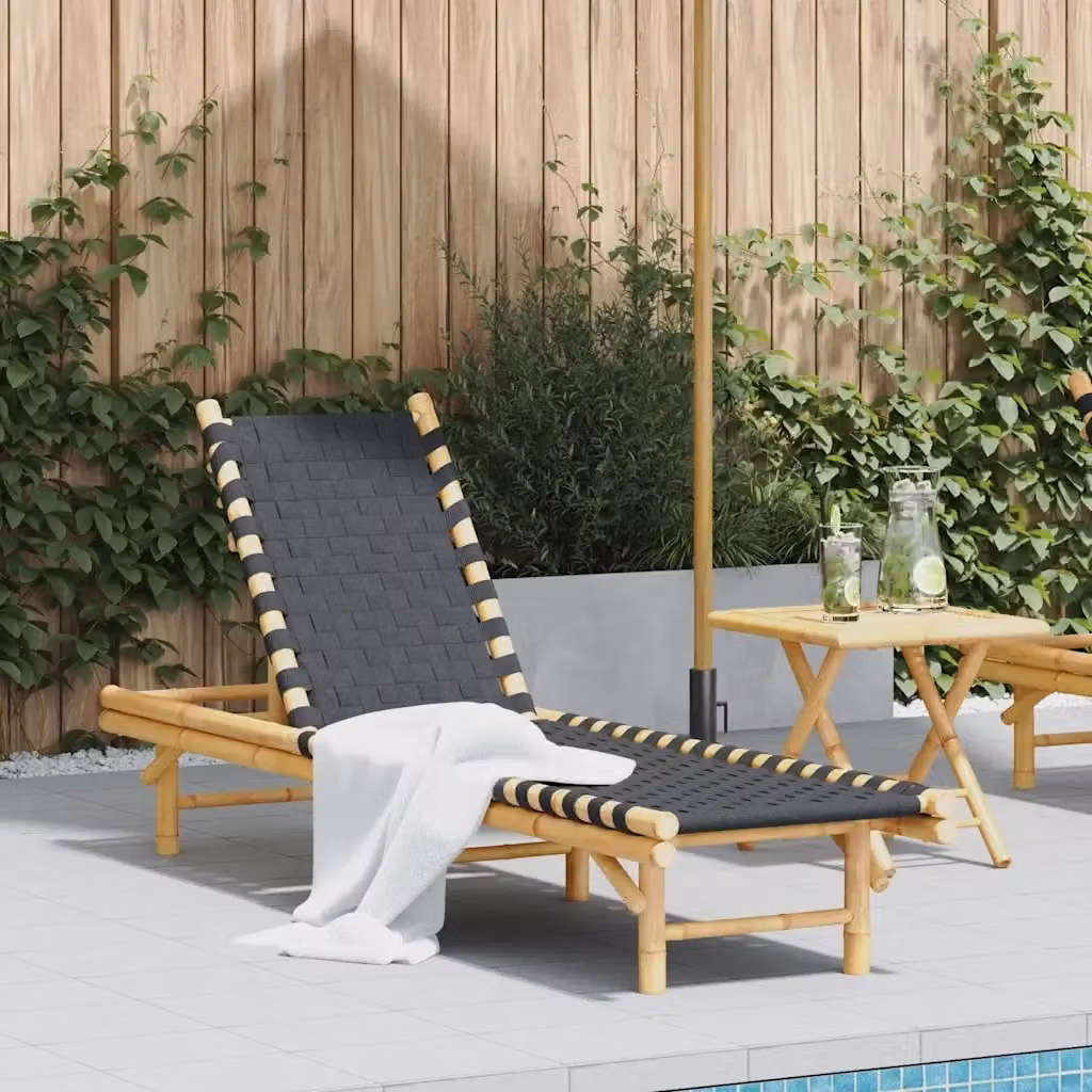 Lettino prendisole da giardino con fettuccia intrecciata nera e struttura in bambù, L/P/H: 200 x 55 x 30 cm – 2