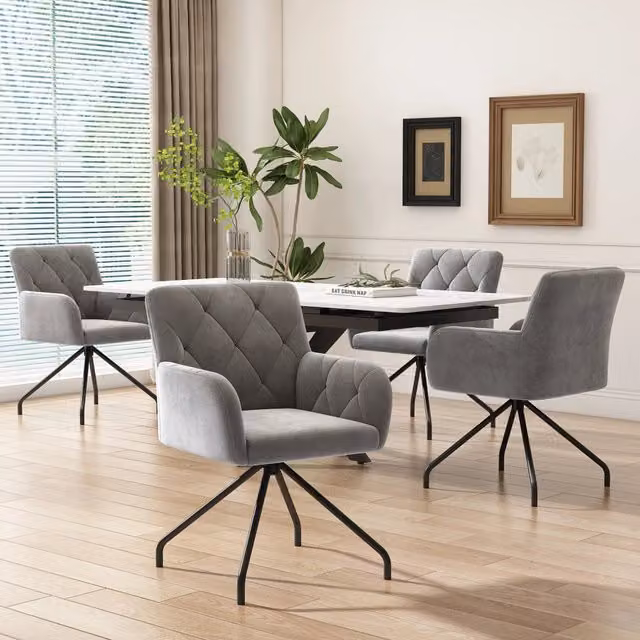 Set 4 Sedie da Pranzo Imbottite in Velluto ¨C MINIMAL ¨C Gambe in Metallo, Grigio Chiaro
