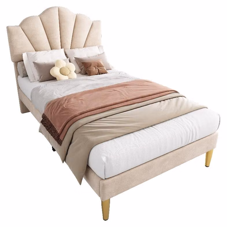 Letto imbottito 90x200 cm, color beige, rivestito in velluto, con testiera regolabile in altezza e struttura a listelli in legno, ideale per la camera da letto