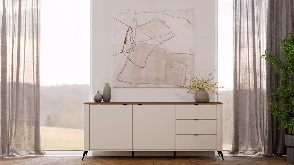 Cassettiera CORDOBA con 3 cassetti e ante, colore cashmere beige rovere, design moderno con chiusura soft-close per camera da letto e soggiorno – 2