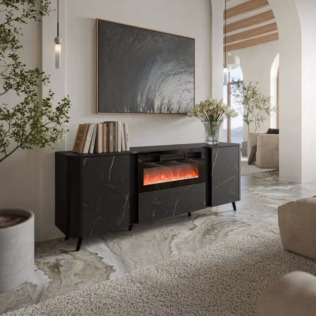 Madia da salotto DMORA Credenza Briano con camino elettrico, finitura marmo e nero, L: 191 cm, P: 40 cm, H: 69 cm – 1