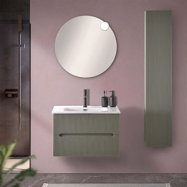 Mobiletto bagno sospeso cannettato verde Bali con ante e cassetti soft close L: 70 cm