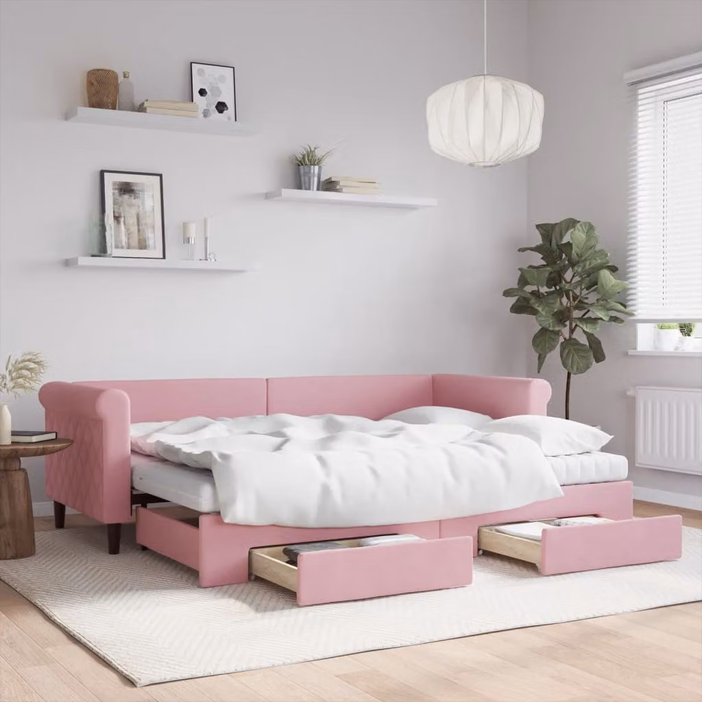 vidaXL Divano Letto Estraibile in Velluto Rosa con Cassetti L/P/H: 229 x 80 x 90 cm