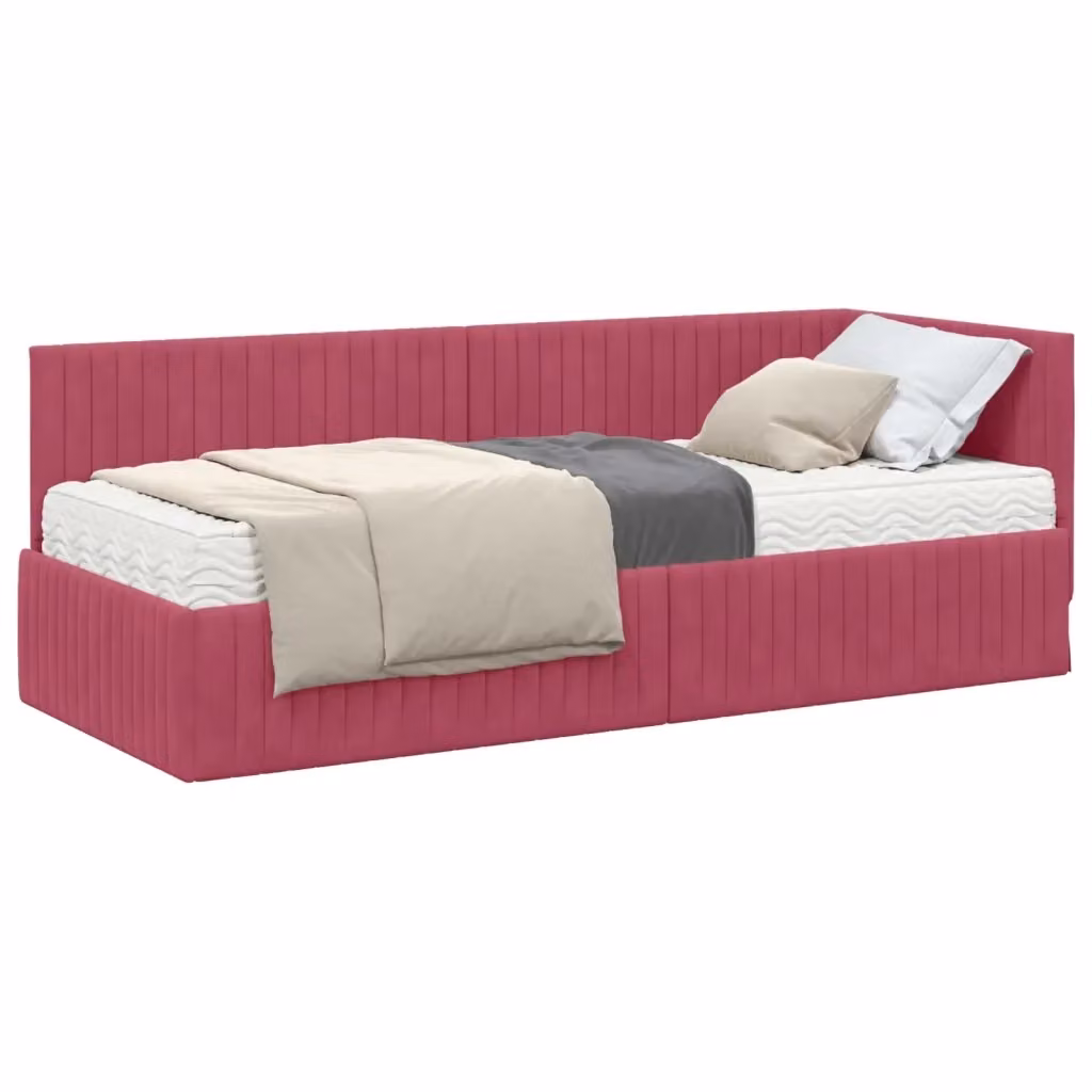 Letto angolare moderno vidaXL in legno e tessuto velluto rosso con 2 materassi 80x200 cm – 2