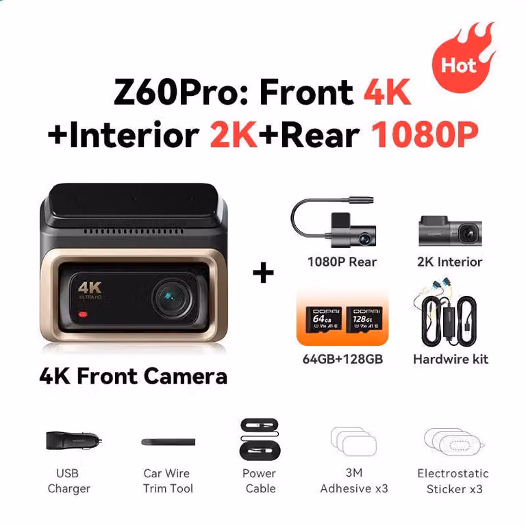 Telecamera per auto – Sistema di telecamere a 3 canali – 4K Ultra HD – Visuale anteriore e posteriore – Wi-Fi – Sistemi avanzati di assistenza alla guida (ADAS)