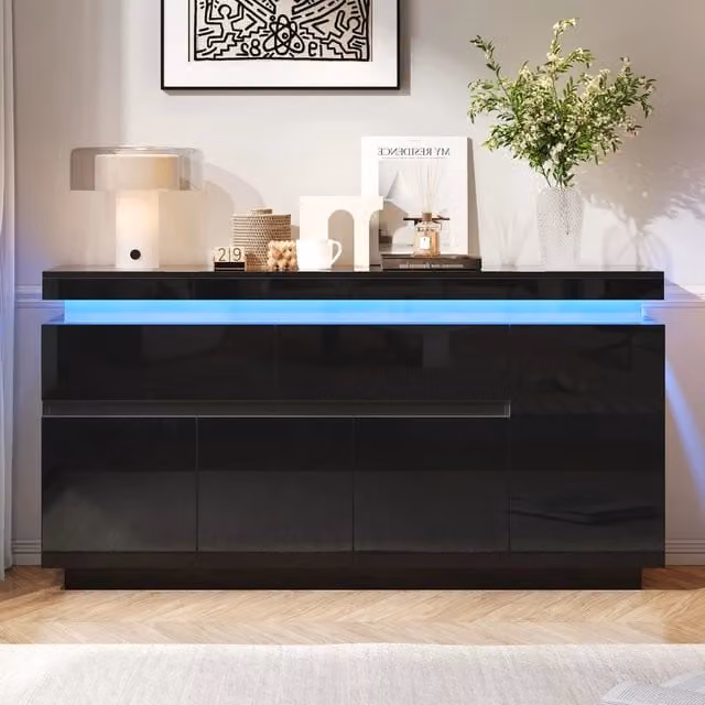 Cassettiera con 2 cassetti e 4 ante ¨C Minimal ¨C colore nero lucido, 140x35x72,5 cm, per soggiorno