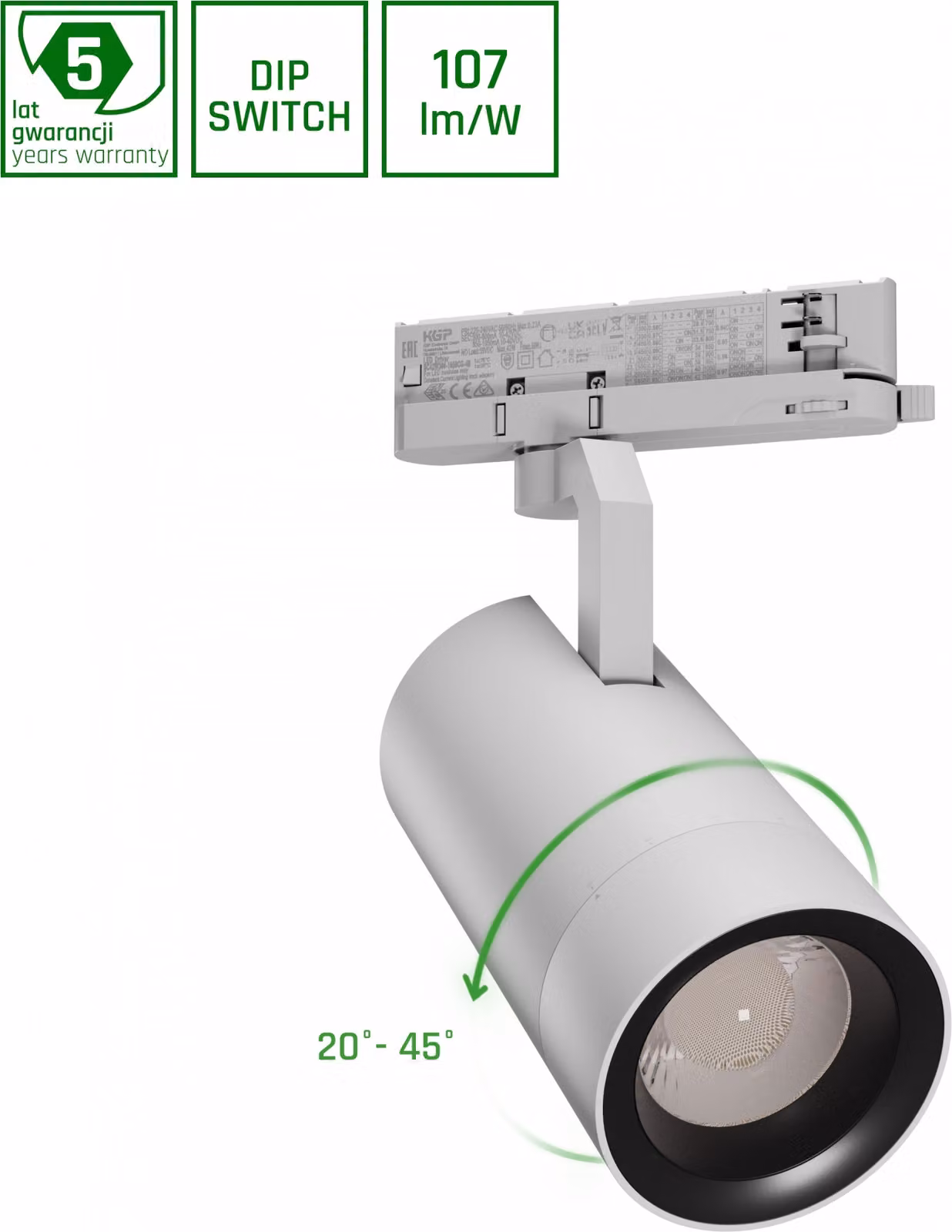 Spectrum LED Faretto a binario trifase Pava 2 Bianco 19-42W 1800-3200lm bianco caldo 3000K Zoom 20°-45°
