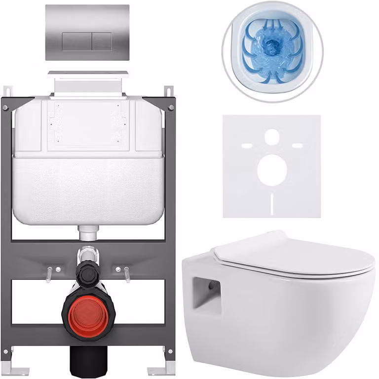 Set completo per WC sospeso Dure - bianco lucido - pulsante Prime/Modulo, argento - comando superiore - installazione a parete/cartongesso - 51x35 cm