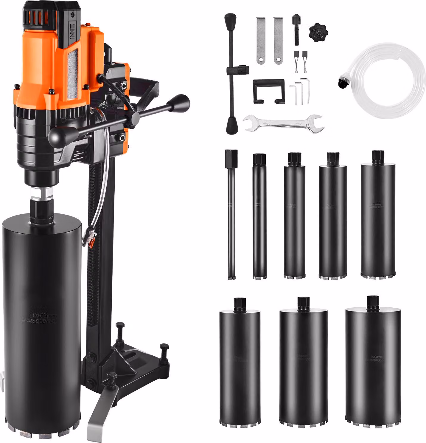 Carotatrice diamantata SucceBuy con diametro di foratura da 2 a 20 cm, adatta alla foratura a umido e a secco. Dotato di 8 punte e di un robusto supporto, 850 giri/min, filettatura UNC1 1/4-7, ideale per calcestruzzo, mattoni e pietra, potenza 3000 W.