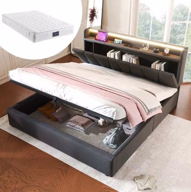 Letto imbottito 140x200 grigio con materasso, LED RGBW, prese USB-C e contenitore