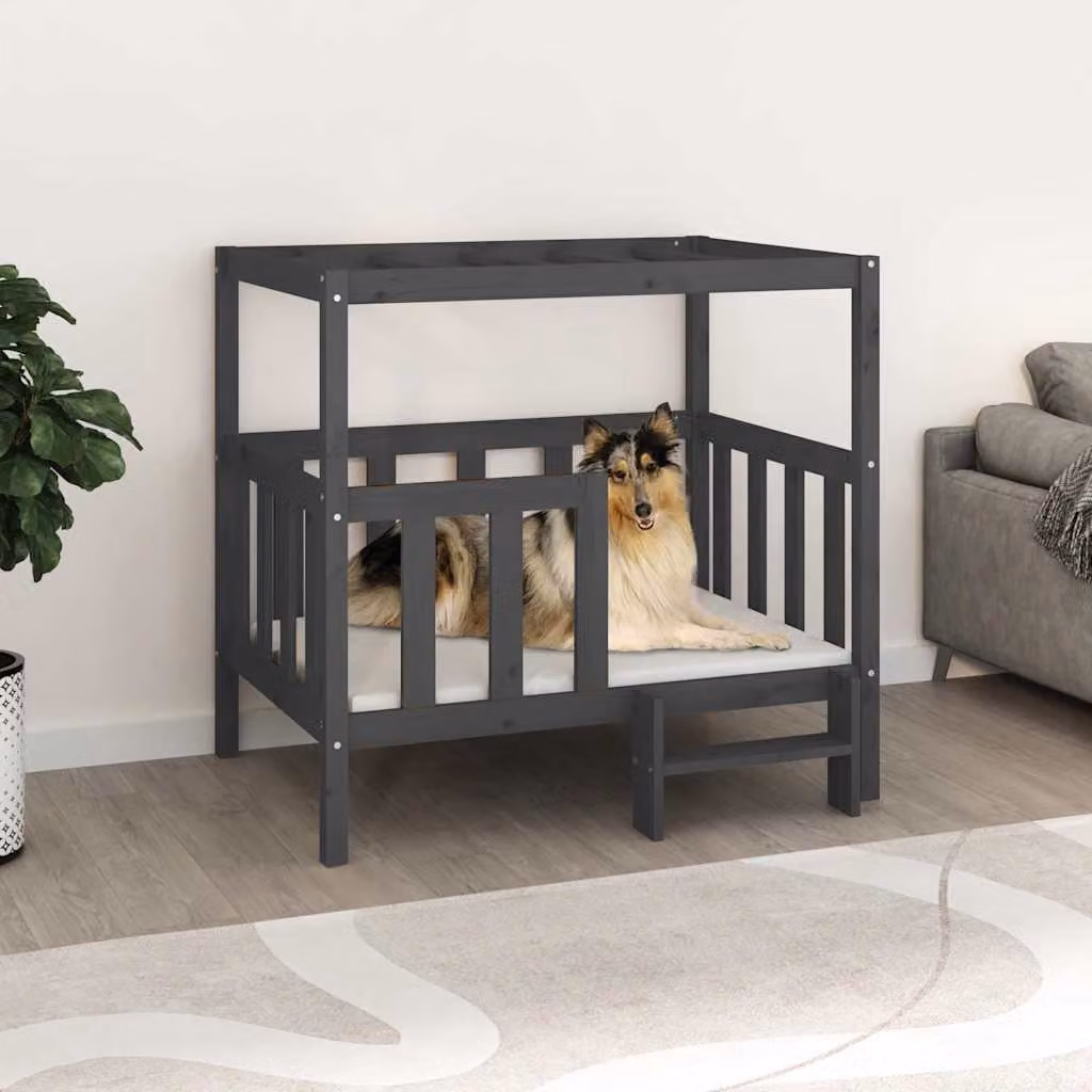 Cuccia per cani vidaXL in legno di pino massello, grigia, L: 105,5 cm, P: 83,5 cm, H: 100 cm