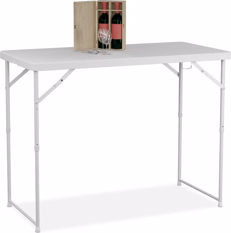 Tavolo da giardino pieghevole Relaxdays, dimensioni: 74x120x60 cm, plastica, acciaio, regolabile in altezza, 6 persone, tavolo da campeggio, bianco
