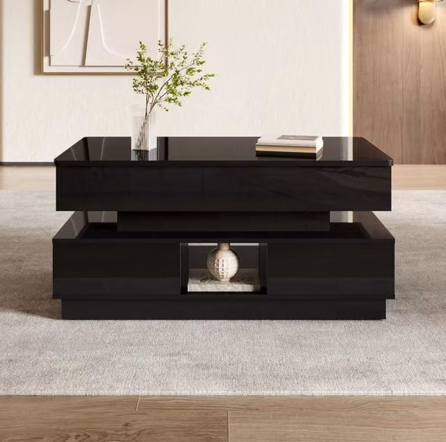 Tavolino da salotto nero in MDF con piano regolabile in altezza, LED, presa elettrica e ampio spazio contenitivo