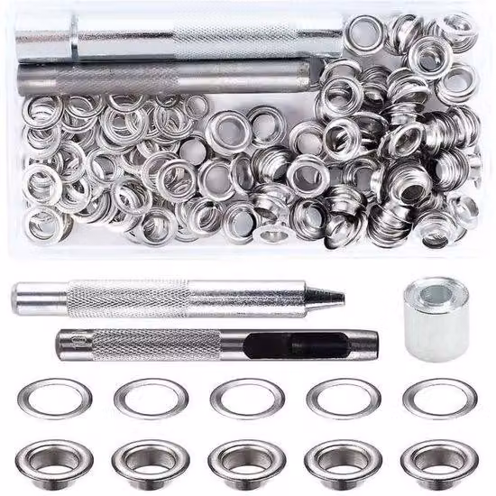 Set da 100 occhielli metallici - 8 mm - con set di attrezzi in 3 pezzi - per pelle, scarpe, tela, tessuto, carta, ombrelloni ecc.