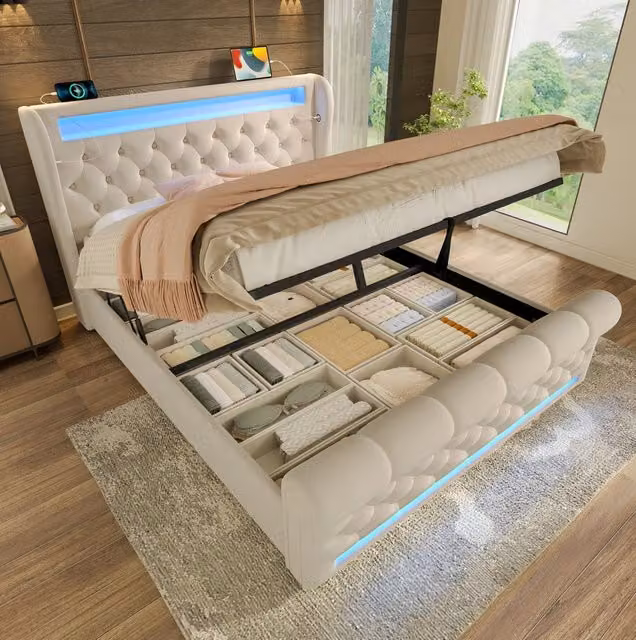 Letto imbottito matrimoniale beige 140x190 cm con LED, porta USB e Type-C, contenitore idraulico in velluto senza materasso