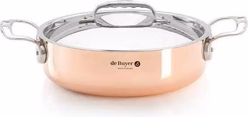Casseruola bassa De Buyer Prima Matera in rame e acciaio inox con coperchio, diametro 28 cm, colore rame