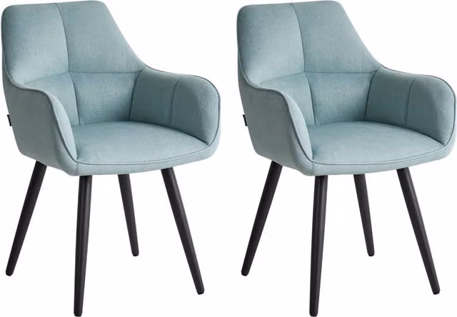 Set di 2 sedie da pranzo imbottite con braccioli, rivestimento in tessuto azzurro base in metallo, design moderno