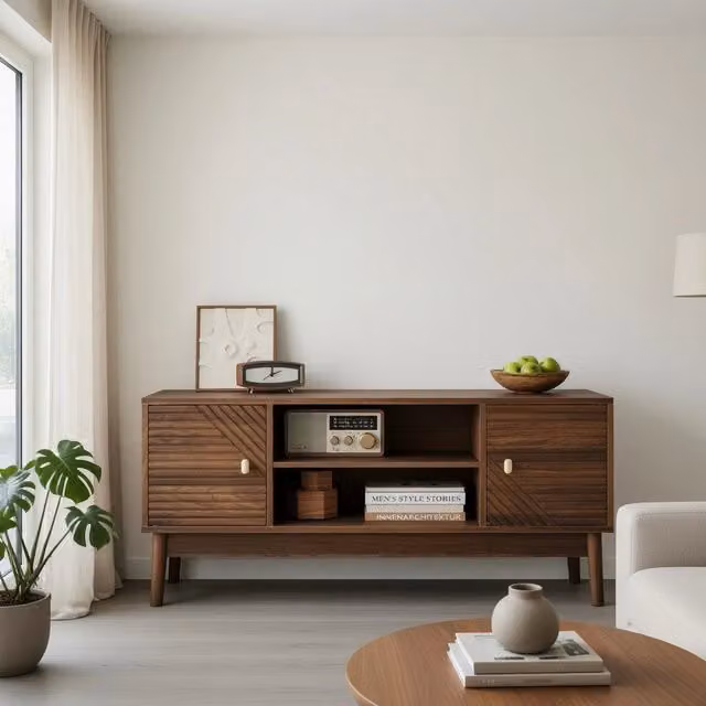 Cassettiera per TV KOMHTOM in stile mid-century, colore noce, realizzata in MDF e metallo, L: 110 cm, P: 40 cm, H: 48 cm – 1