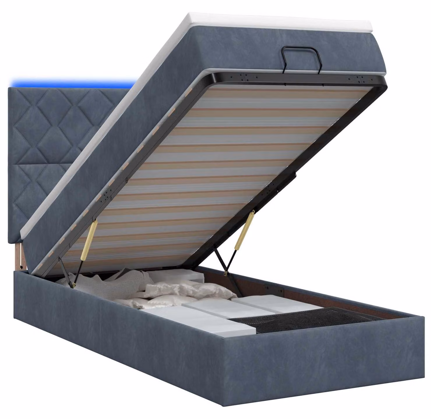 Panca contenitore con materasso e illuminazione LED, colore grigio scuro, dimensioni 90 x 190 cm, rivestita in velluto