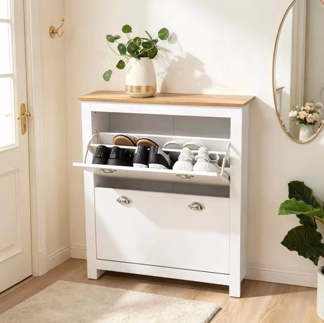 Scarpiera a ribalta moderna in MDF con ripiani interni, colore bianco e rovere, L: 79 cm, P: 23 cm, H: 90,5 cm