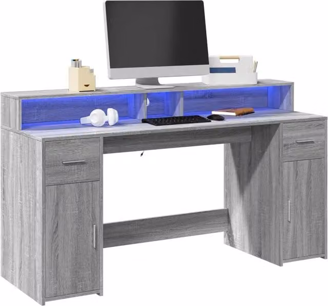 Scrivania con Luci LED Grigio Sonoma 160x55x91cm in Multistrato 3309434