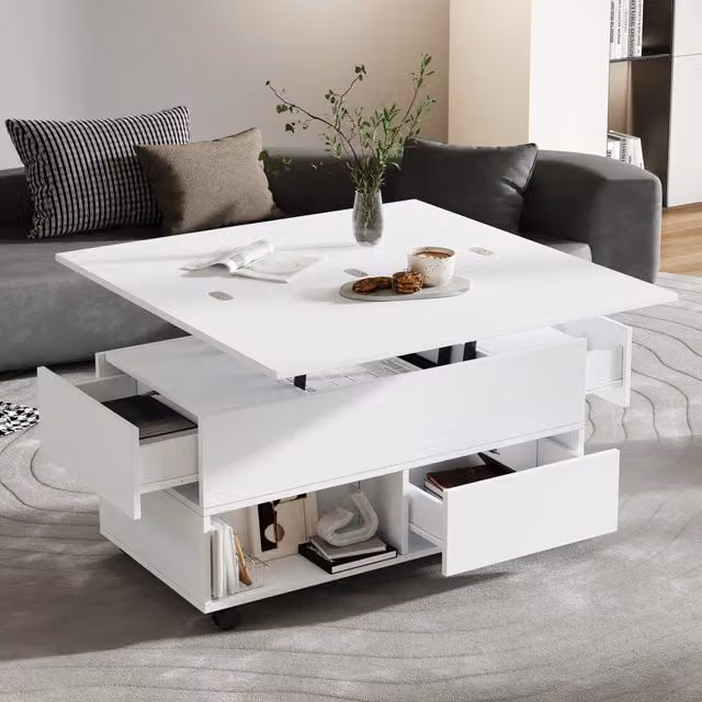 Tavolino da Salotto Bianco 100x50x52cm, Alzabile con Ruote, 4 Cassetti, 3-in-1 Convertibile in Tavolo da Pranzo per Soggiorno e Ufficio