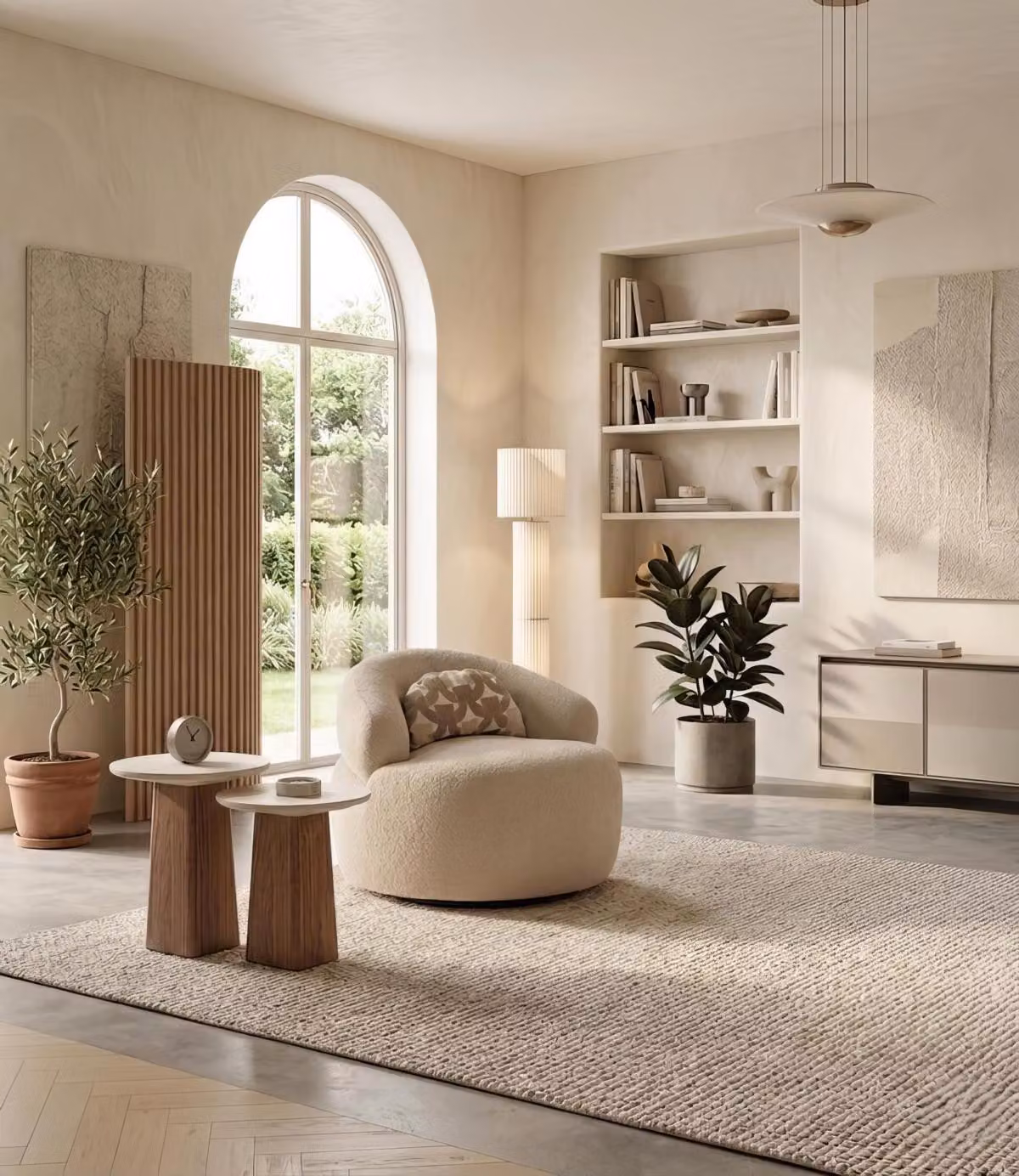 Tavolino ausiliario moderno, beige e marrone, elegante, forma rotonda
