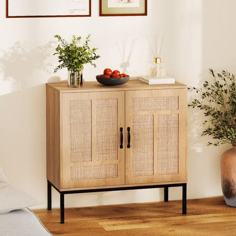 Armadietto portaoggetti Costway in stile boho con motivo asimmetrico e dettagli in rattan, colore beige o marrone, ideale per la tua cucina