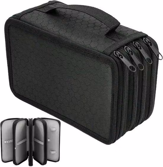 Astuccio XXL grande, 72 scomparti, astuccio con grande capacità, 20 x 12,5 x 8,7 cm, astuccio impermeabile portatile, grande, con cerniera e maniglia, per matite colorate, pennarelli e penne a sfera, nero
