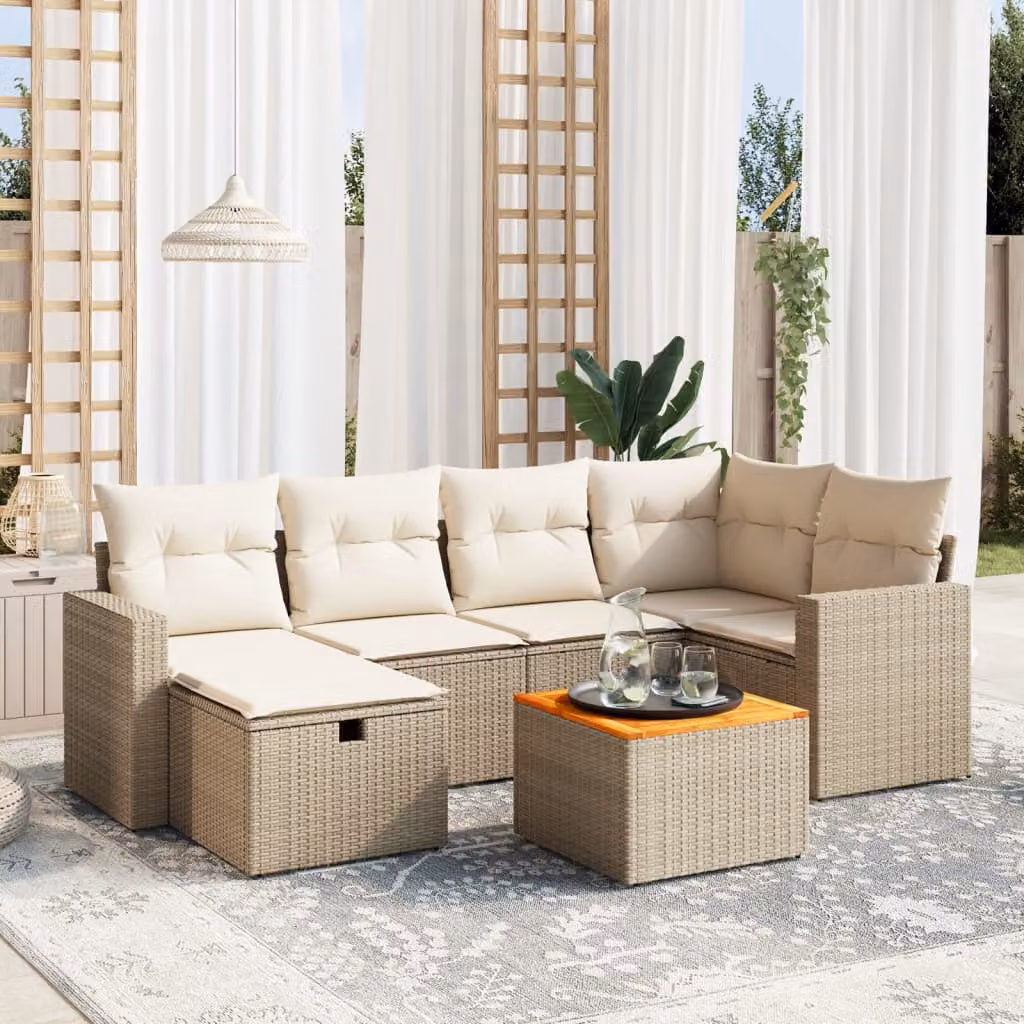 vidaXL Set Divani da Giardino 7 pz a Forma a L con Cuscini Beige e Tavolino, Polyrattan e Struttura in Acciaio Verniciato a Polvere