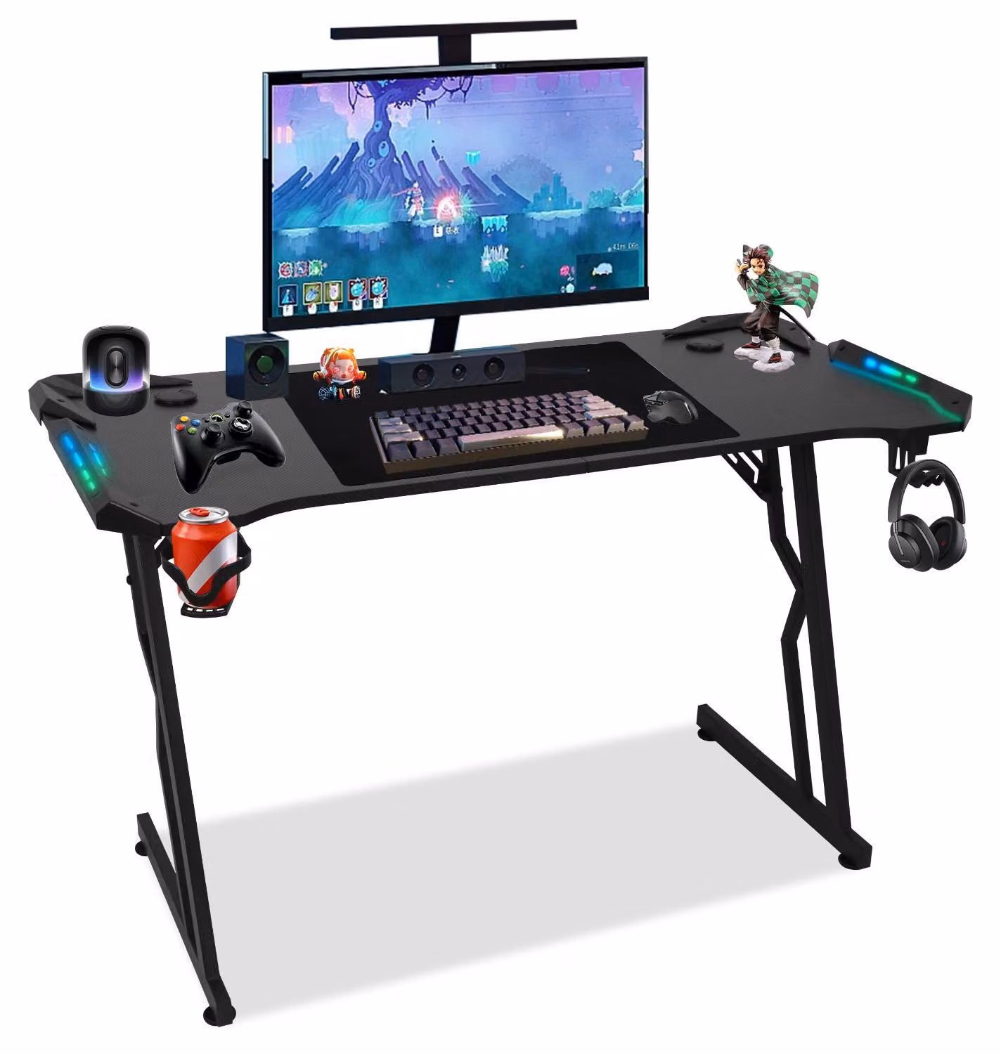 Scrivania da gaming Izrielar regolabile in altezza 120x60 cm, illuminazione a LED, sistema di gestione dei cavi, nera