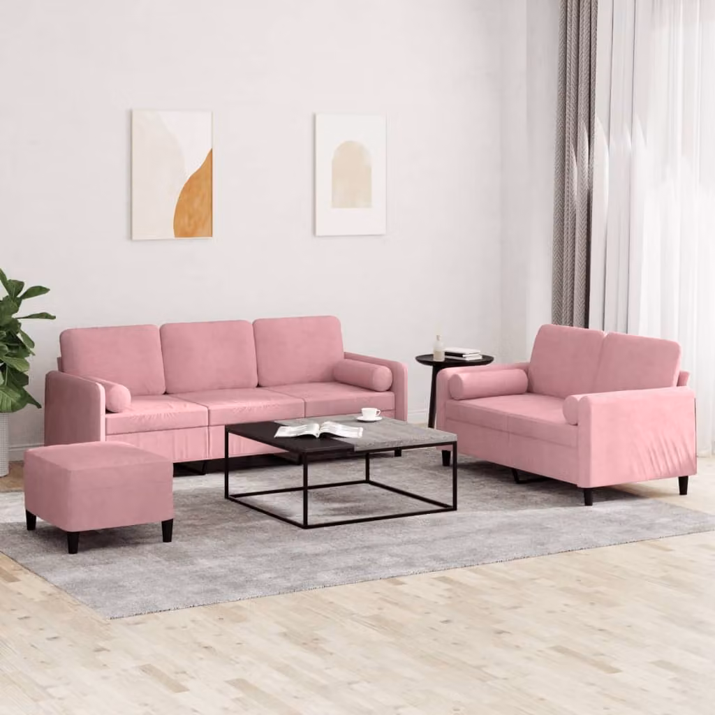 Maison Exclusive - Set divano a 3 pezzi con cuscini in velluto rosa