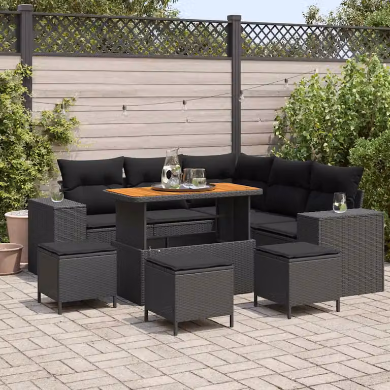 Set Divano da Giardino vidaXL 9 Pezzi Moderno a Forma di L con Cuscini Nero