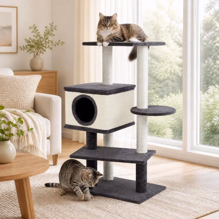 COSTWAY, grattacielo per gatti da 99 cm, struttura a più piani con casetta, pannello per graffiare e pali in sisal – centro attività per interni, torre giochi a più livelli, grigio