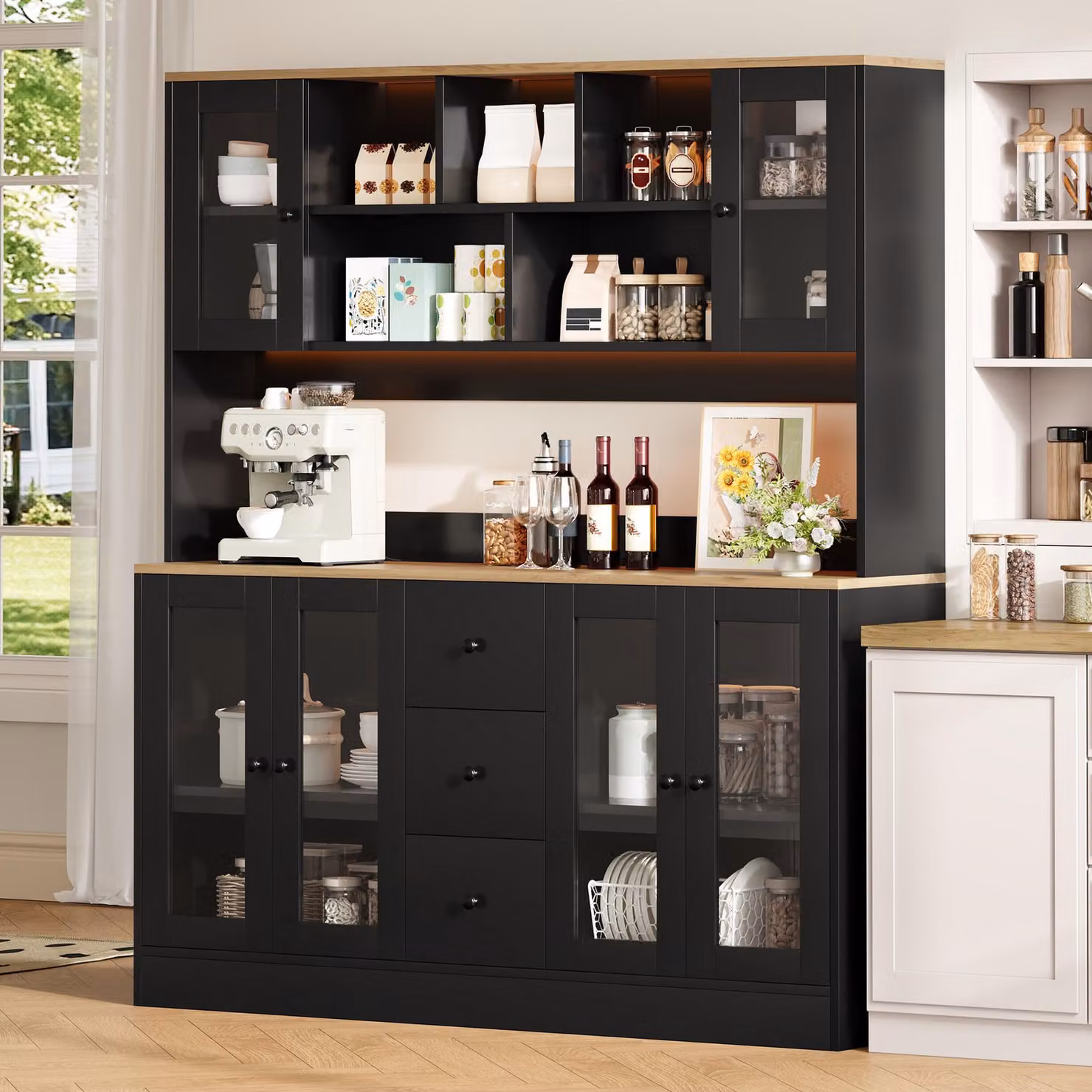 MODFU, mobiletto buffet alto, 150x40x173 cm, armadio da cucina con 3 cassetti e 6 ante in acrilico, dispensa da cucina con illuminazione a LED e prese di corrente, colore nero