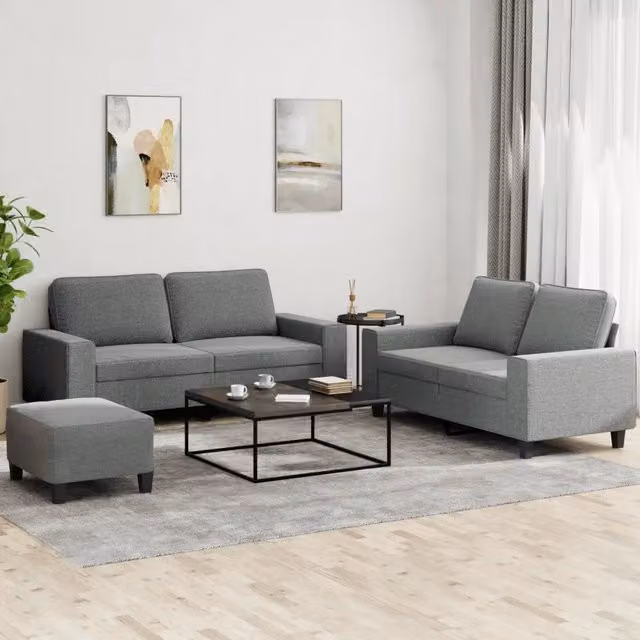 Set di divani 3 pezzi vidaXL in tessuto grigio con cuscini decorativi per soggiorno in stile moderno – 1
