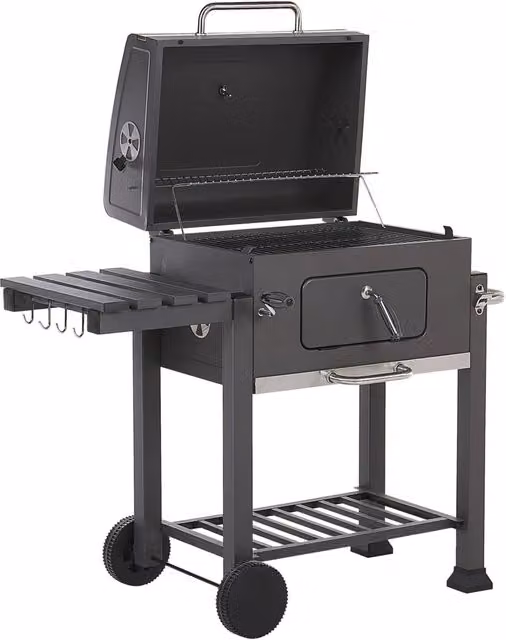 Barbecue a carbonella BELIANI in acciaio antracite con ruote, termometro e ripiano riscaldante