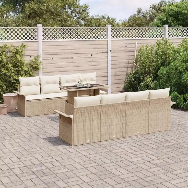 Set Divano da Giardino vidaXL 9 pz in Polyrattan Beige con Cuscini e Tavolino da Esterno