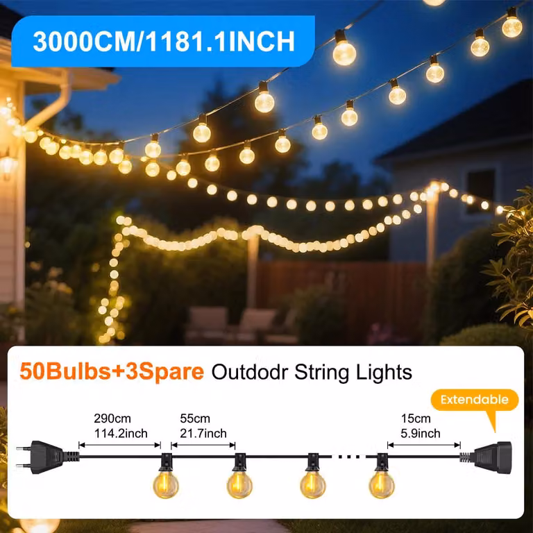 Catena luminosa a LED - Illuminazione esterna G40 - 30 metri - 50 lampadine - Grado di protezione IP44 - 220 V - Lampadine a forma di sfera