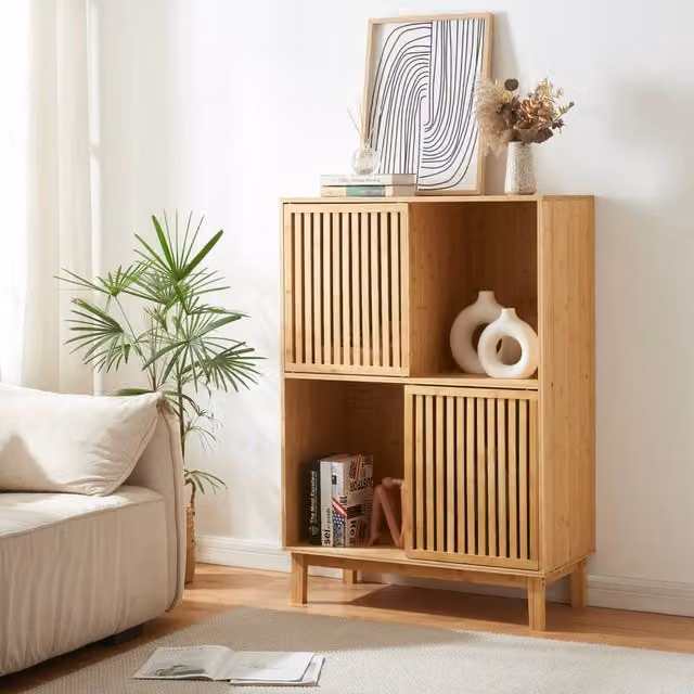 Libreria Bassa Ypäjä en.casa in Bambù Marrone con Sportelli Scorrevoli L: 120 cm, P: 39 cm, H: 84 cm