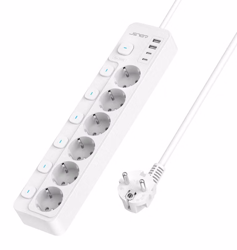 Ciabatta multipresa a 6 prese con 4 porte di ricarica USB e interruttore individuale, lunghezza cavo 2 metri, ideale per casa o ufficio - Bianco