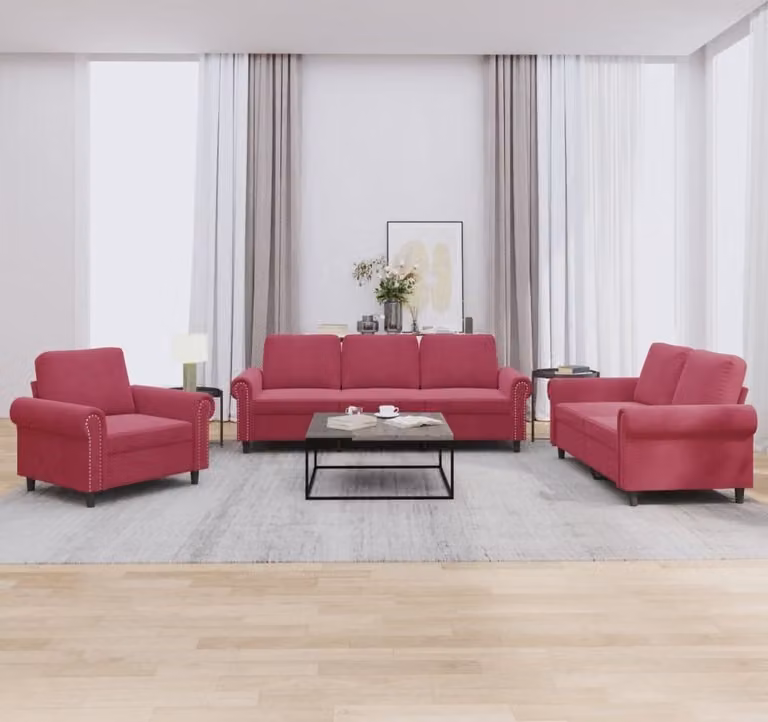 Maison Exclusive - Set divano a 3 pezzi con cuscini in velluto bordeaux