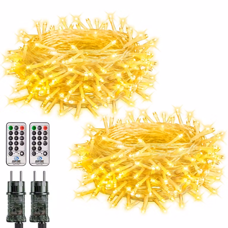 Set di 2 catene luminose a LED, luce bianco caldo, 100 LED, 10 metri, con telecomando