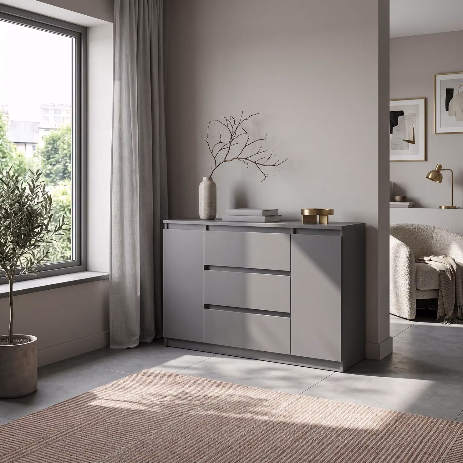 Comodà Masseno NUDO da 120 cm con 3 cassetti e 2 ante per soggiorno e camera da letto, stile moderno, 120x39x78,5 cm, antracite / antracite