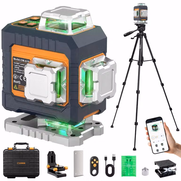 Livella laser a croce, 4x360 gradi, verde, autonivelante, con treppiede in alluminio, per interni ed esterni